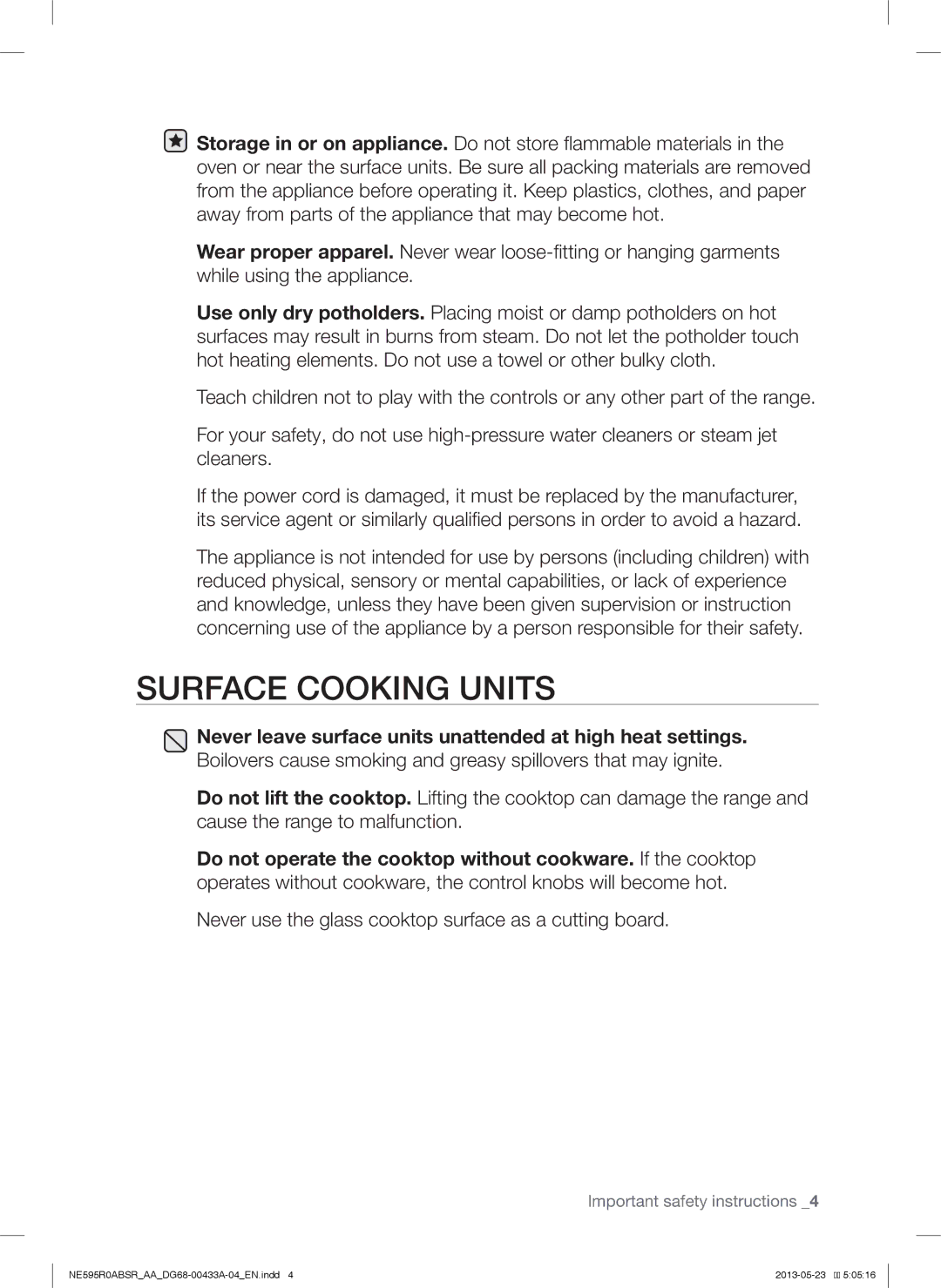 Samsung NE595R0ABWW, NE595R0ABBB, NE595N0PBSRAA, NE595R0ABSRAA user manual Surface Cooking Units 