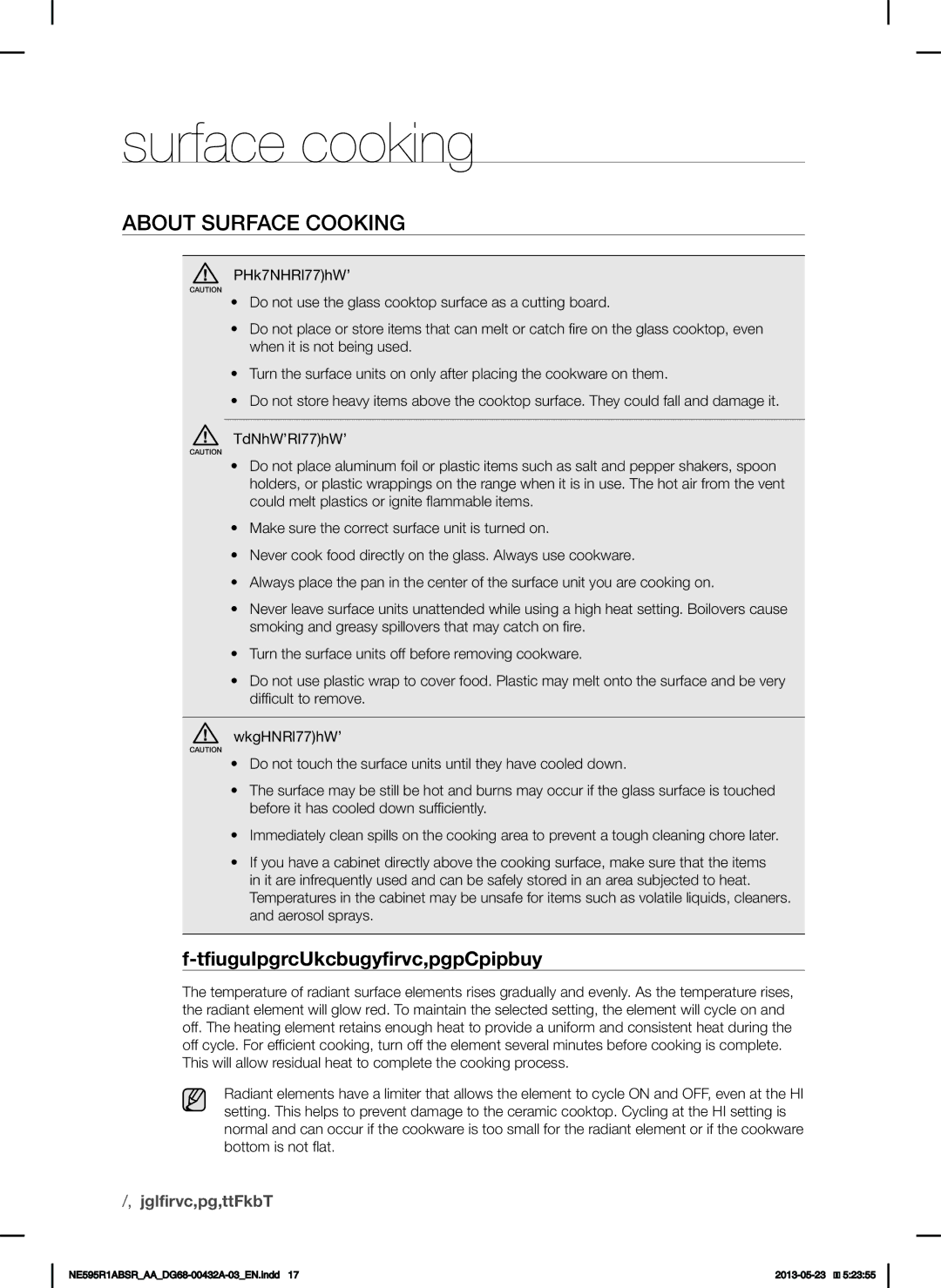 Samsung NE595R1ABSRAA user manual Surface cooking, About Surface Cooking, About the radiant surface elements 