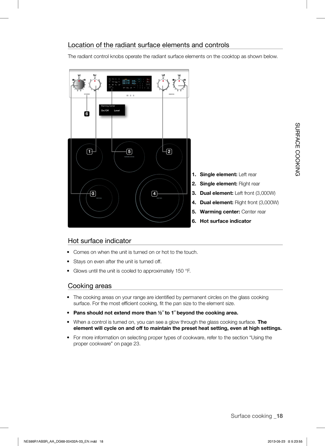 Samsung NE595R1ABSRAA Location of the radiant surface elements and controls, Hot surface indicator, Cooking areas 