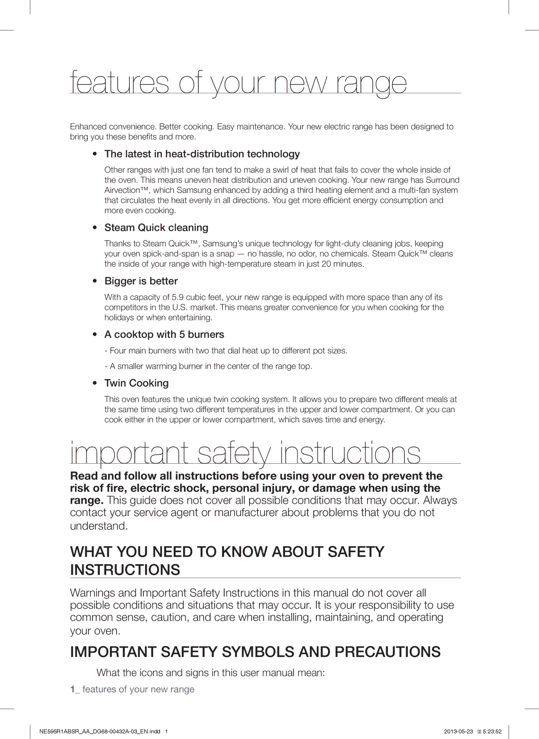 Samsung NE595R1ABSRAA user manual Features of your new range, Important safety instructions, Understand 