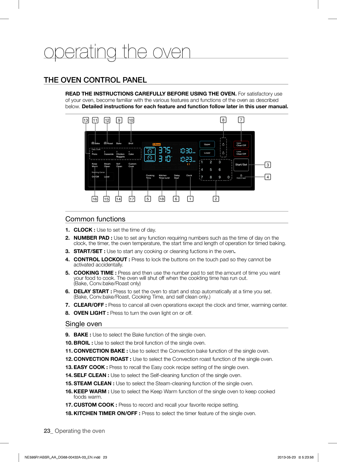 Samsung NE595R1ABSRAA user manual Operating the oven, Oven Control Panel, Common functions, Single oven 