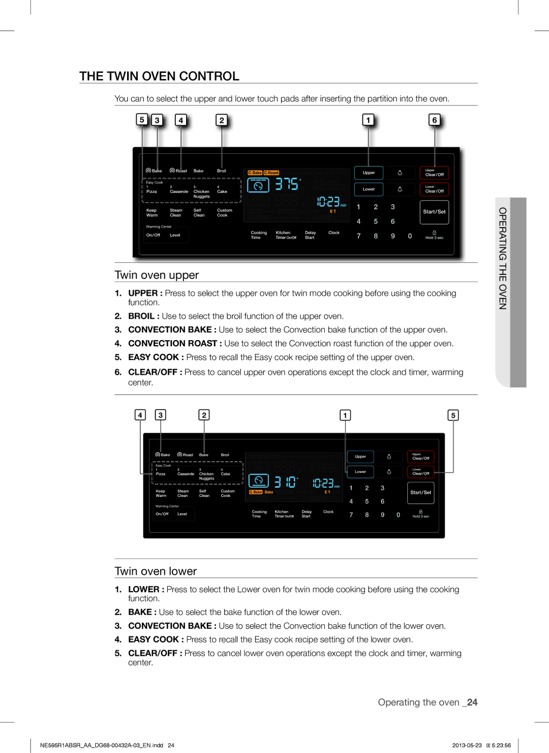 Samsung NE595R1ABSRAA user manual Twin Oven Control, Twin oven upper, Twin oven lower 