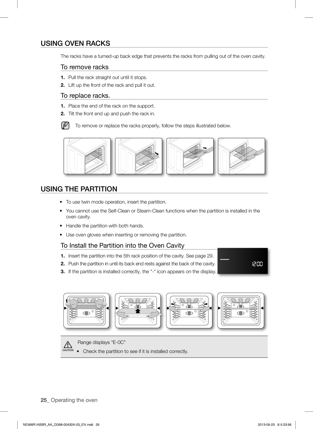 Samsung NE595R1ABSRAA user manual Using Oven Racks, Using the Partition, To remove racks, To replace racks 