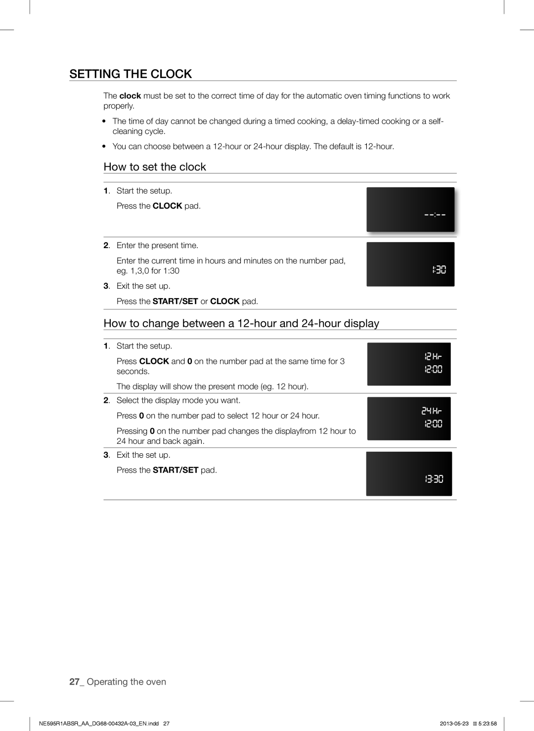 Samsung NE595R1ABSR Setting the Clock, How to set the clock, How to change between a 12-hour and 24-hour display 