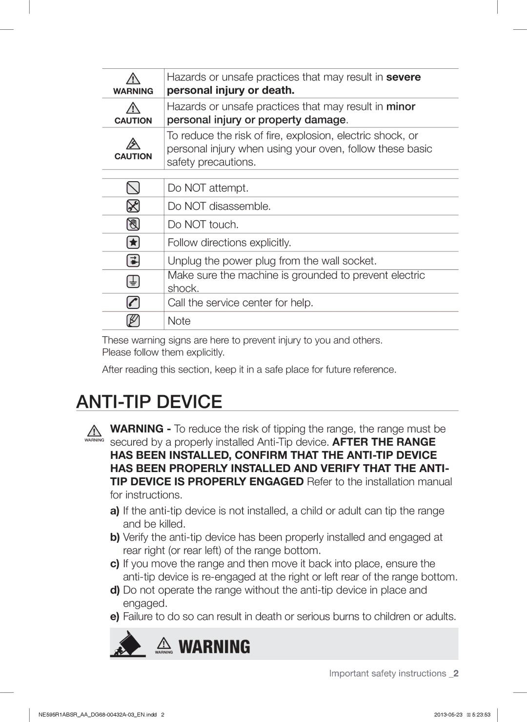 Samsung NE595R1ABSRAA user manual ANTI-TIP Device 