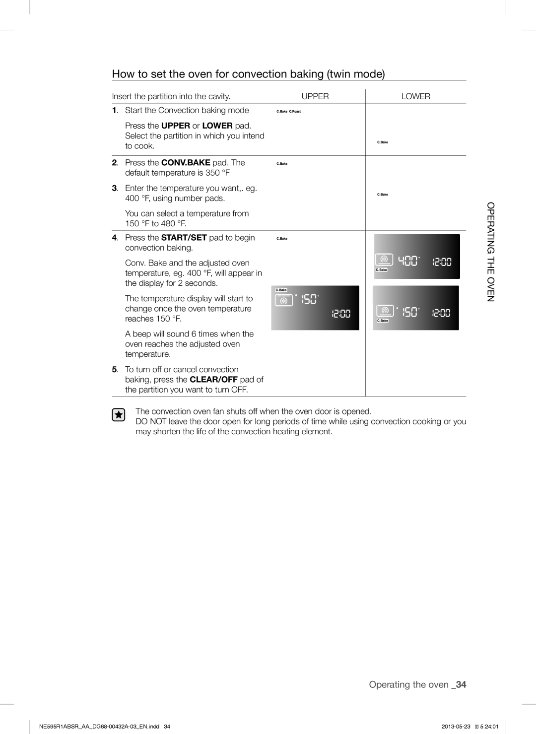 Samsung NE595R1ABSRAA user manual How to set the oven for convection baking twin mode, Upper Lower 