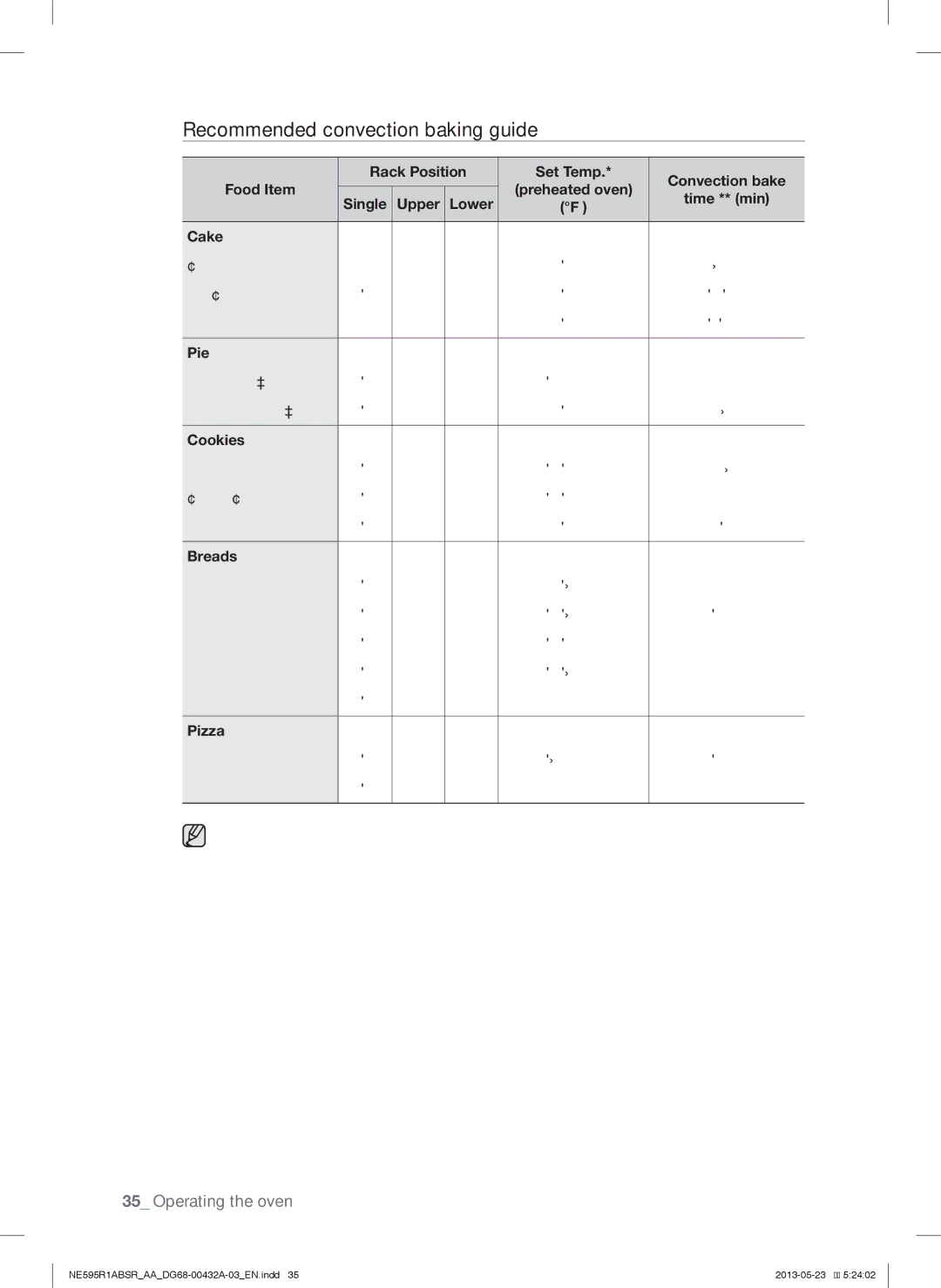 Samsung NE595R1ABSRAA user manual Recommended convection baking guide 