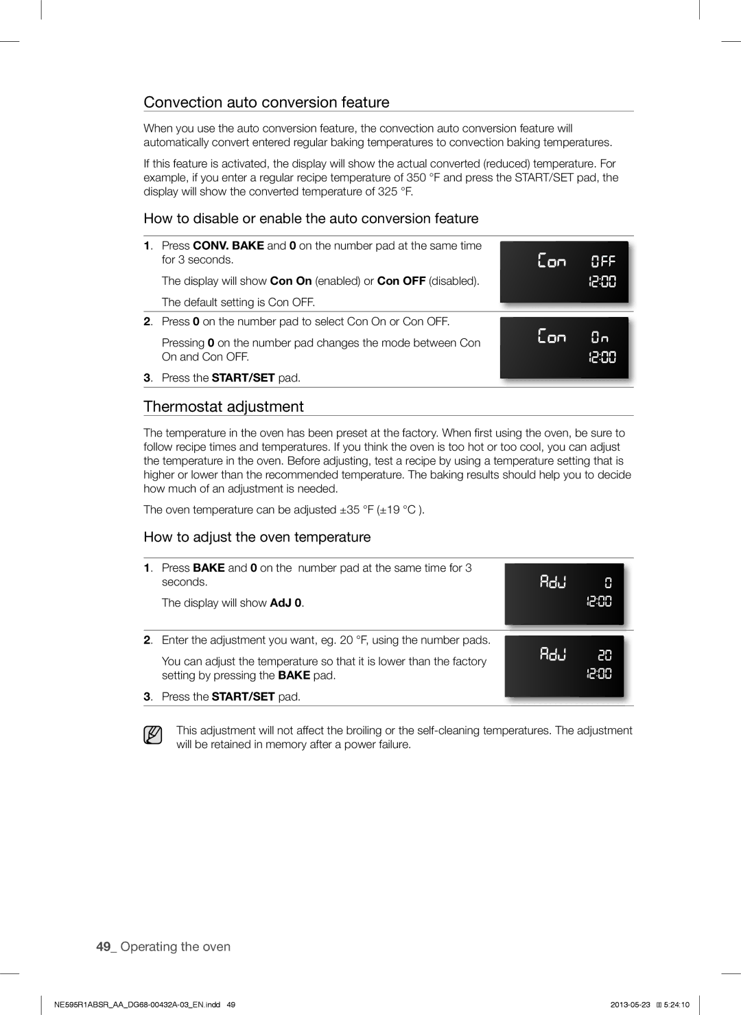 Samsung NE595R1ABSRAA user manual Convection auto conversion feature, Thermostat adjustment 