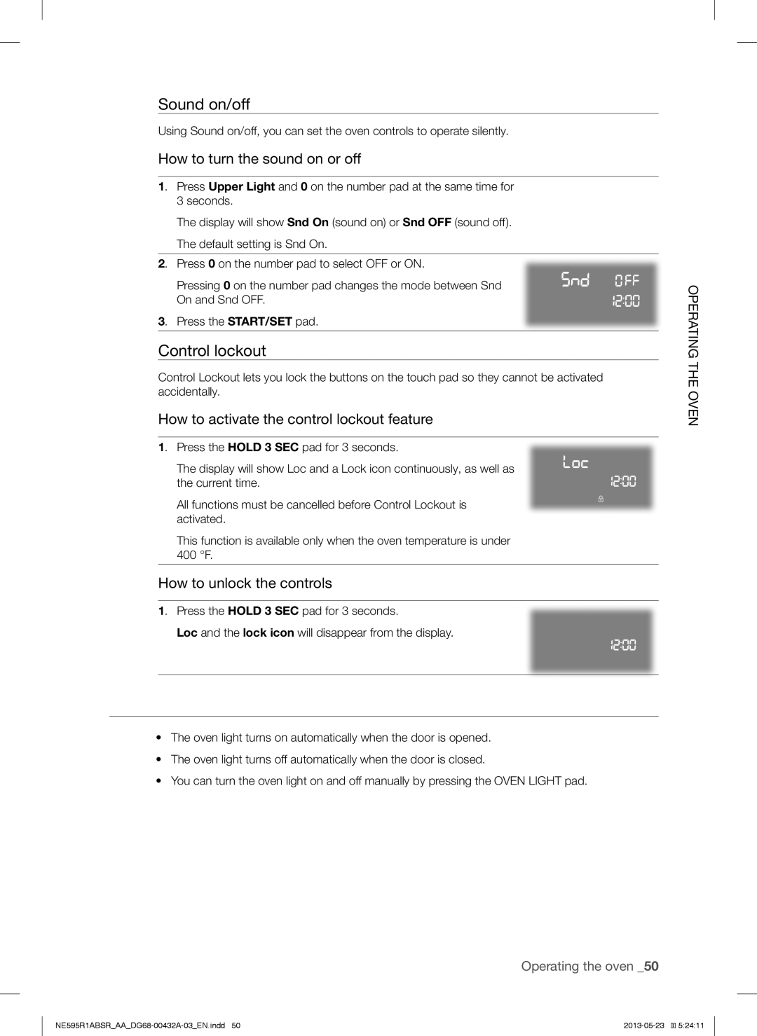 Samsung NE595R1ABSRAA user manual Turning the Oven Light on and OFF, Sound on/off, Control lockout 