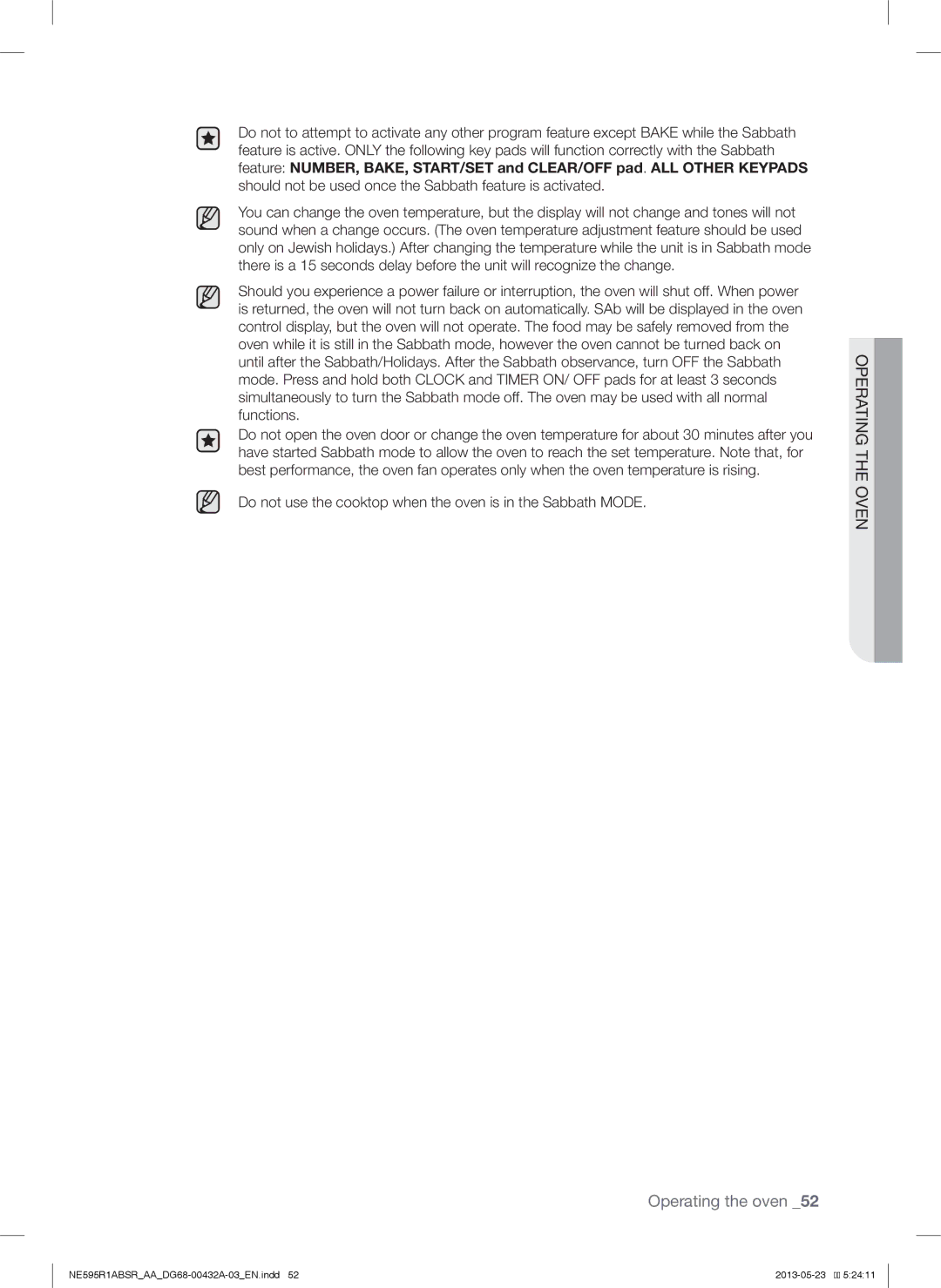 Samsung NE595R1ABSRAA user manual Do not use the cooktop when the oven is in the Sabbath Mode 