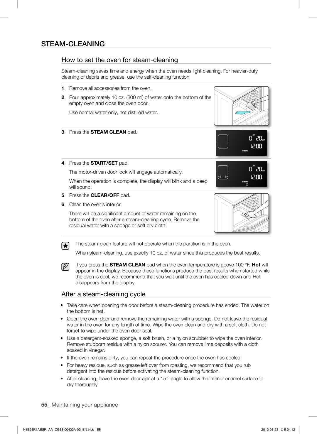 Samsung NE595R1ABSRAA user manual Steam-Cleaning, How to set the oven for steam-cleaning, After a steam-cleaning cycle 