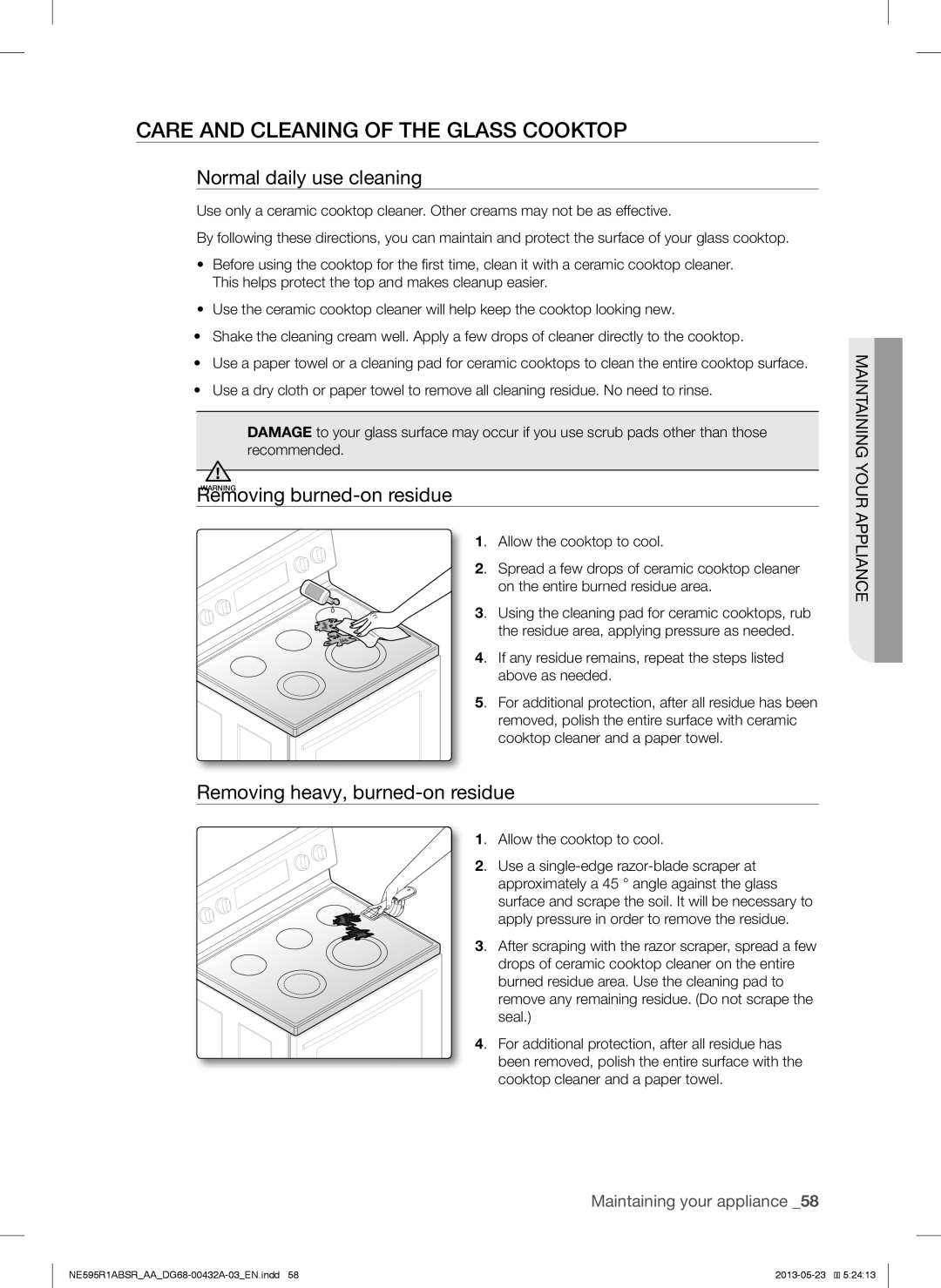 Samsung NE595R1ABSRAA Care and Cleaning of the Glass Cooktop, Normal daily use cleaning, RemovingWARNINGburned-on residue 