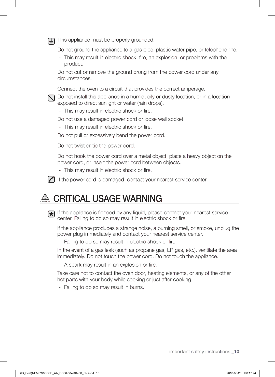 Samsung NE597N0PBSR user manual Important safety instructions 