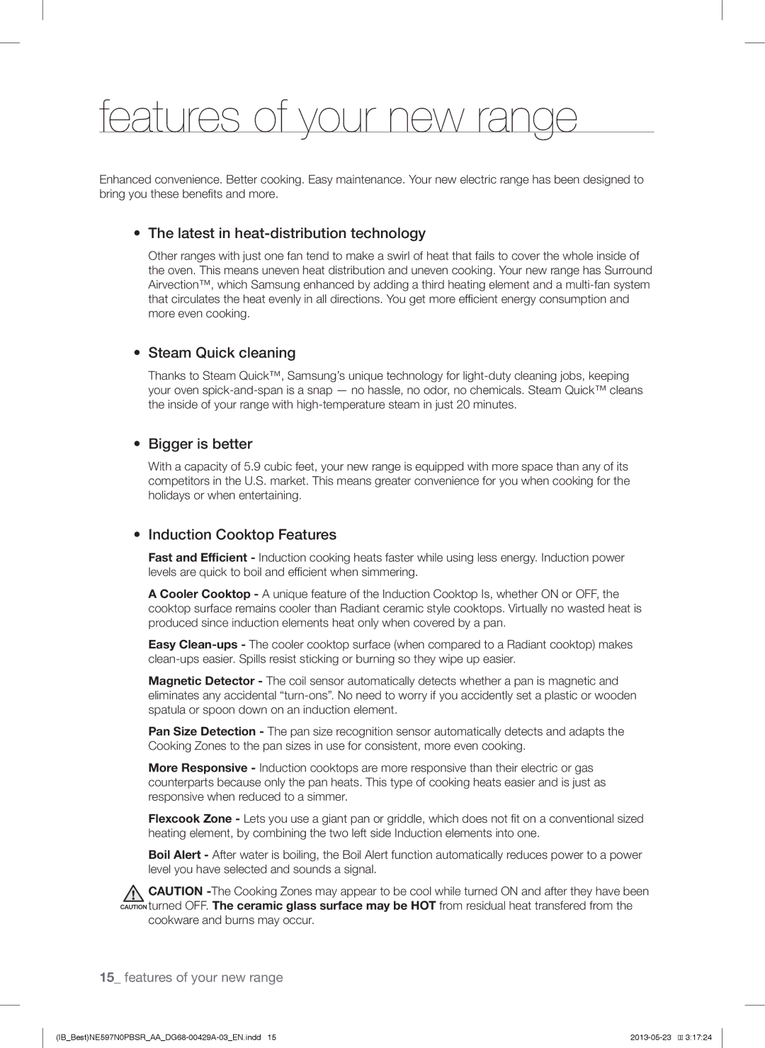 Samsung NE597N0PBSR user manual Features of your new range, Latest in heat-distribution technology 