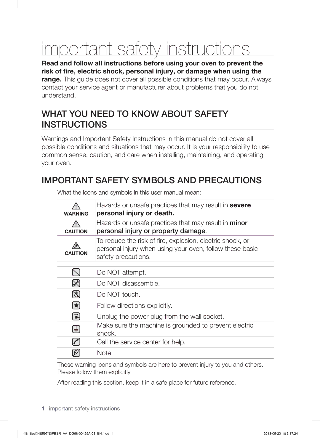 Samsung NE597N0PBSR user manual Important safety instructions 