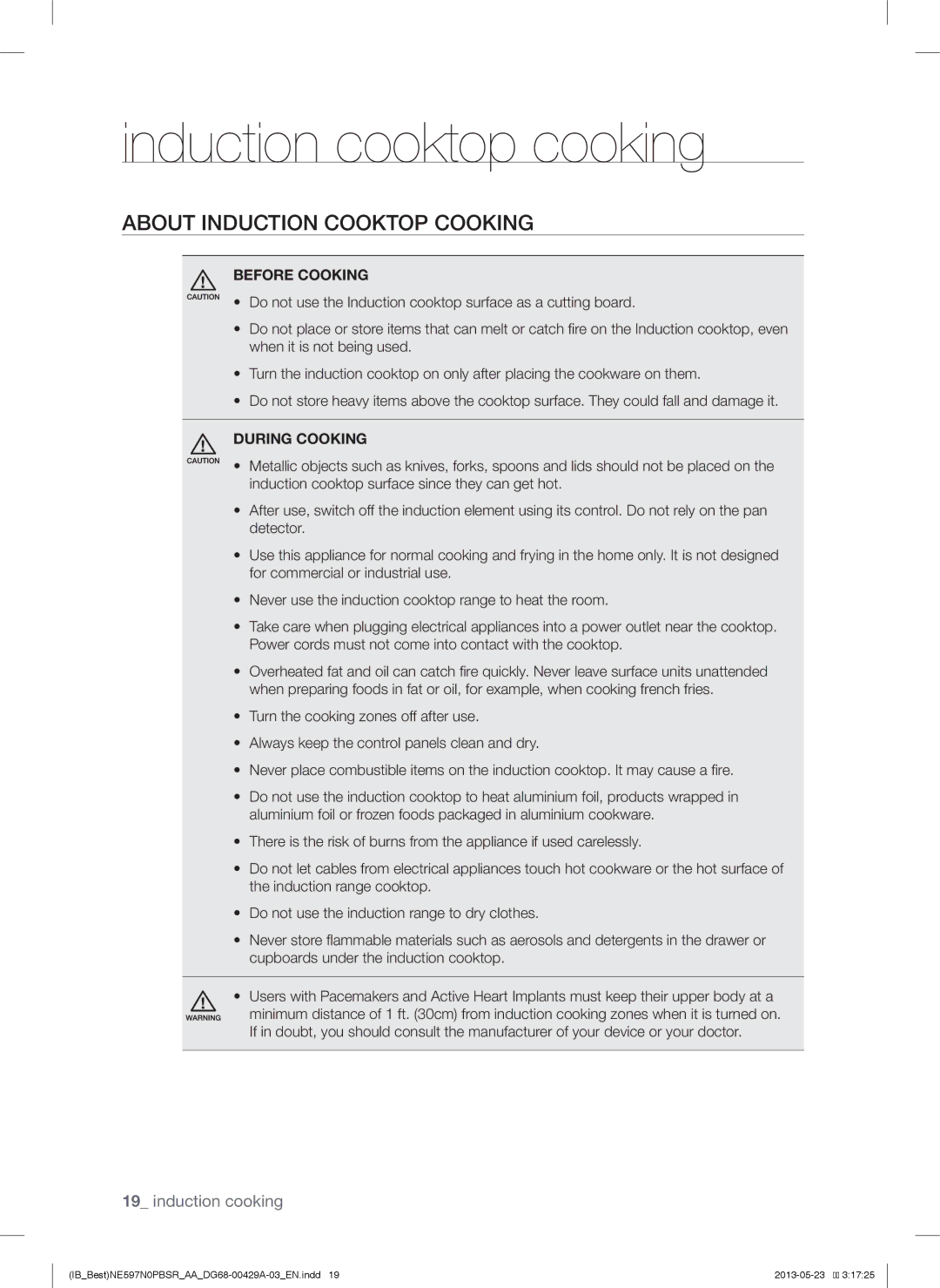 Samsung NE597N0PBSR user manual Induction cooktop cooking, About Induction Cooktop Cooking, Before Cooking, During Cooking 