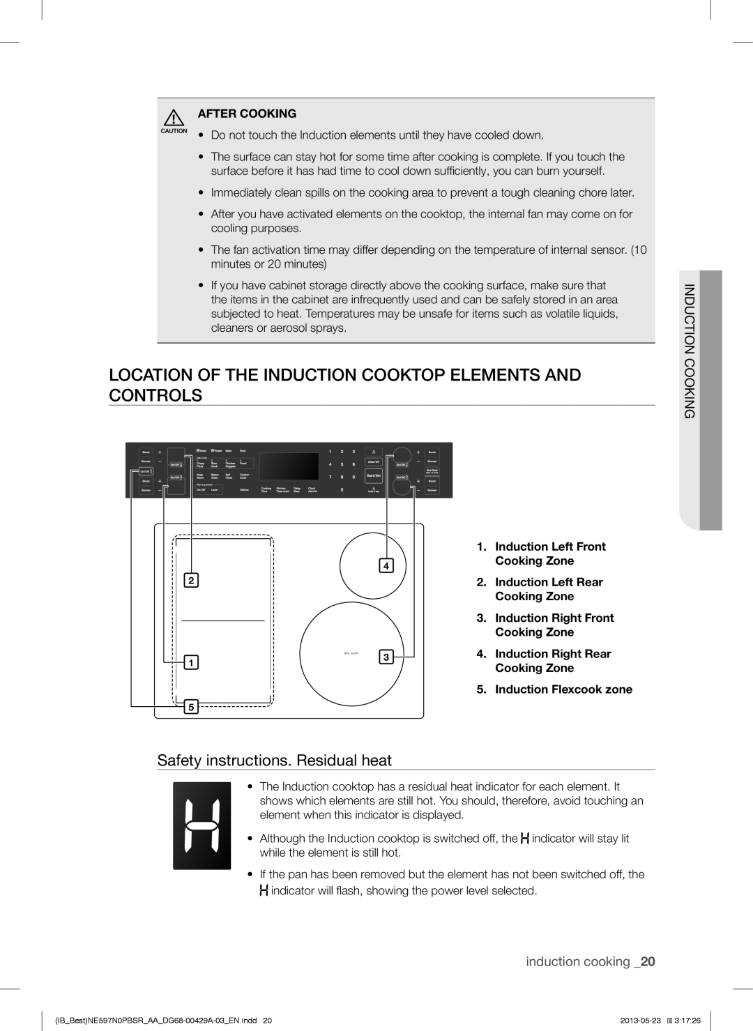 Samsung NE597N0PBSR user manual Location of the Induction Cooktop Elements and Controls, Safety instructions. Residual heat 