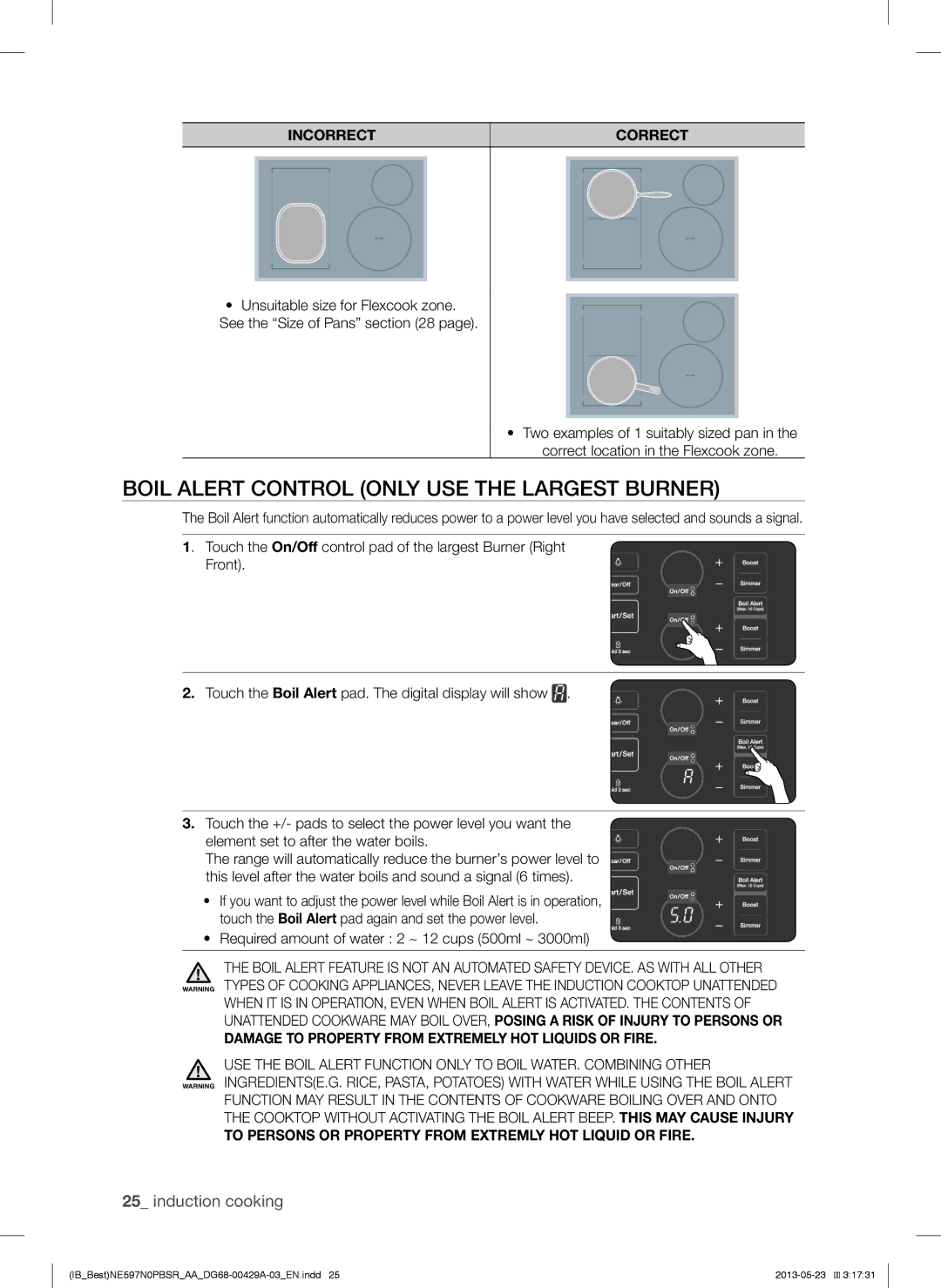 Samsung NE597N0PBSR Boil Alert Control only USE the Largest Burner, Damage to Property from Extremely HOT Liquids or Fire 