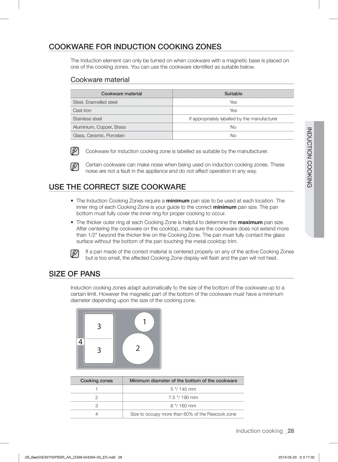 Samsung NE597N0PBSR Cookware for Induction Cooking Zones, USE the Correct Size Cookware, Size of Pans, Cookware material 