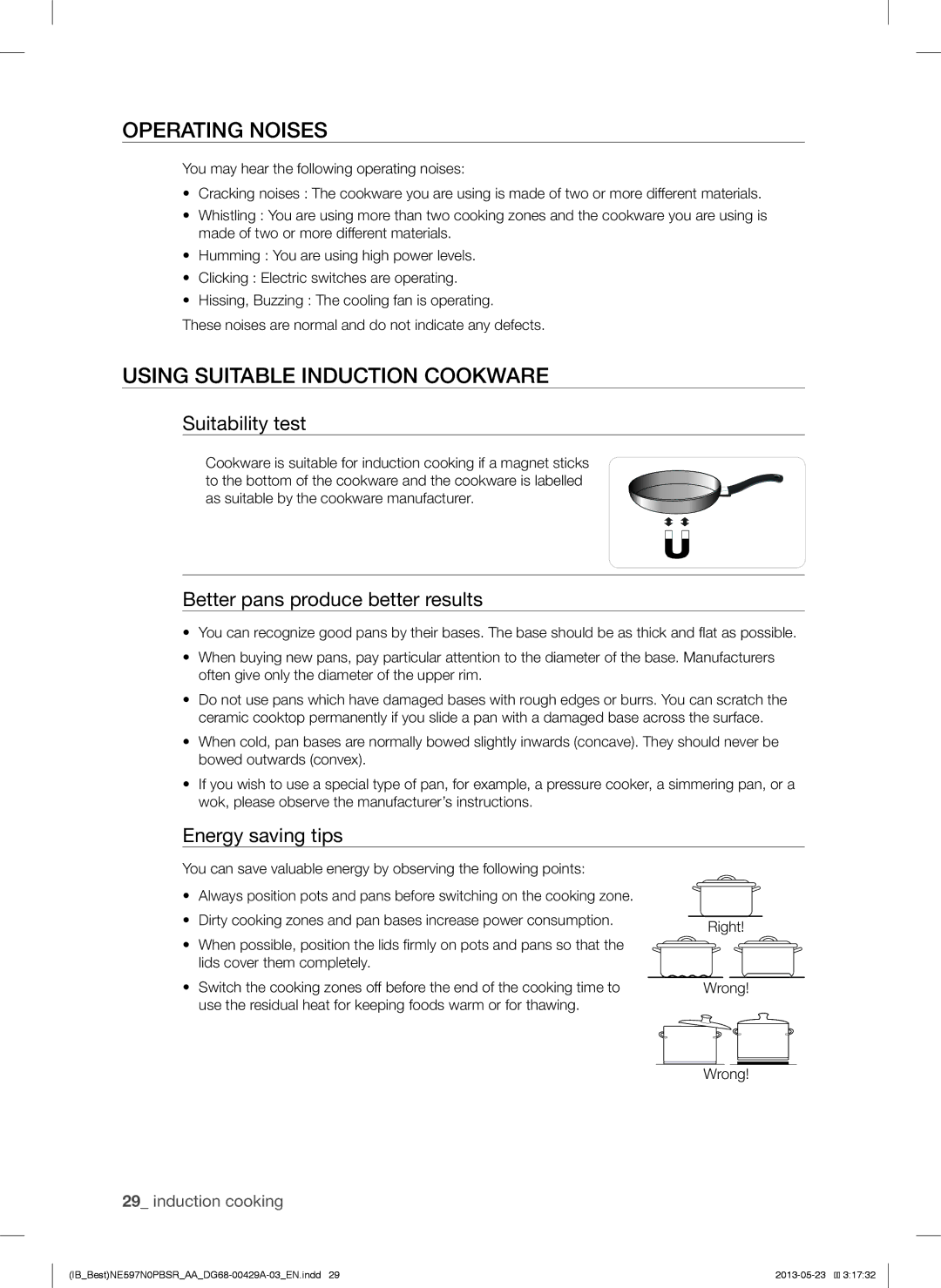 Samsung NE597N0PBSR user manual Operating Noises, Using Suitable Induction Cookware, Suitability test, Energy saving tips 