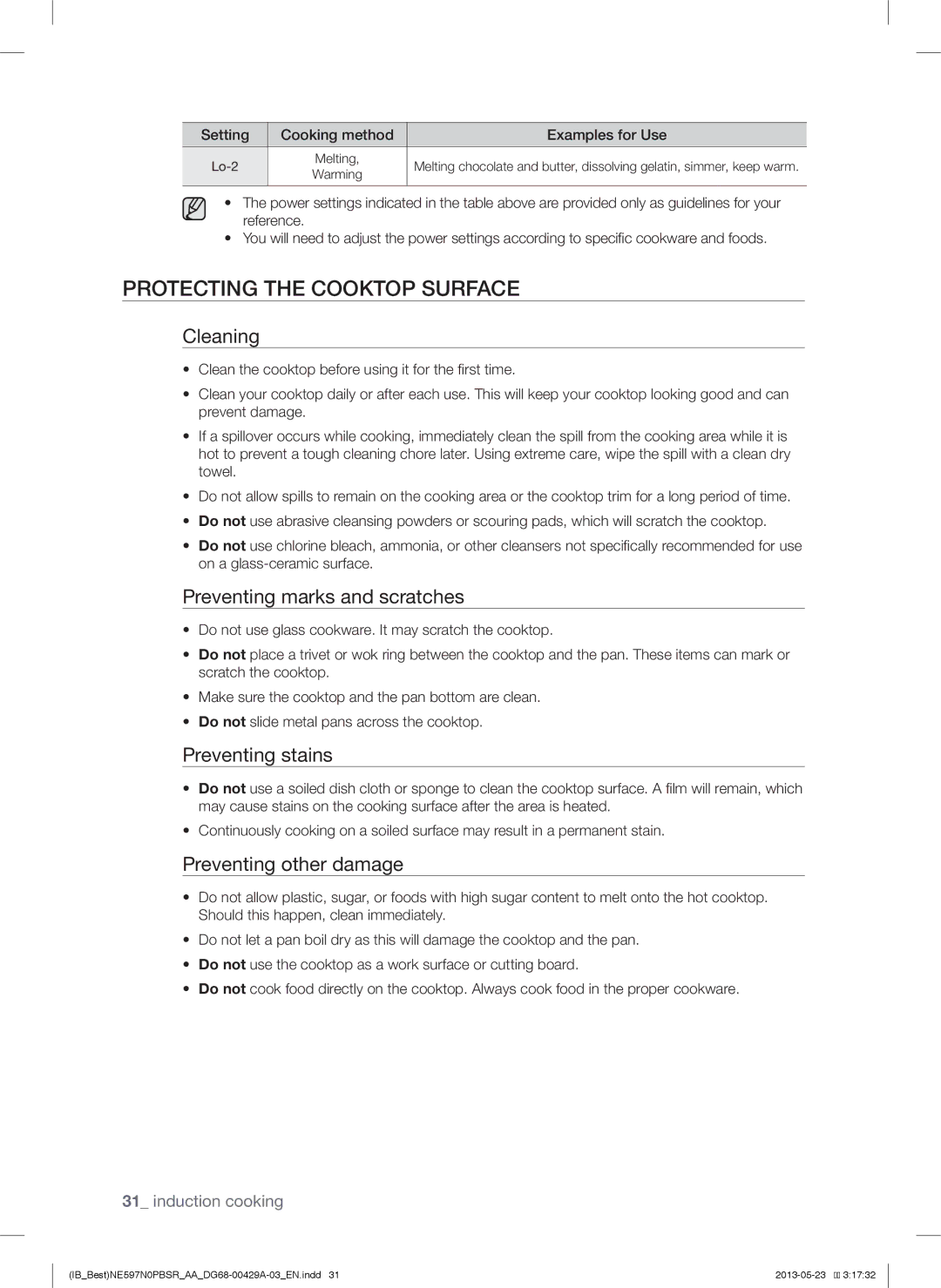 Samsung NE597N0PBSR user manual Protecting the Cooktop Surface, Cleaning, Preventing marks and scratches, Preventing stains 