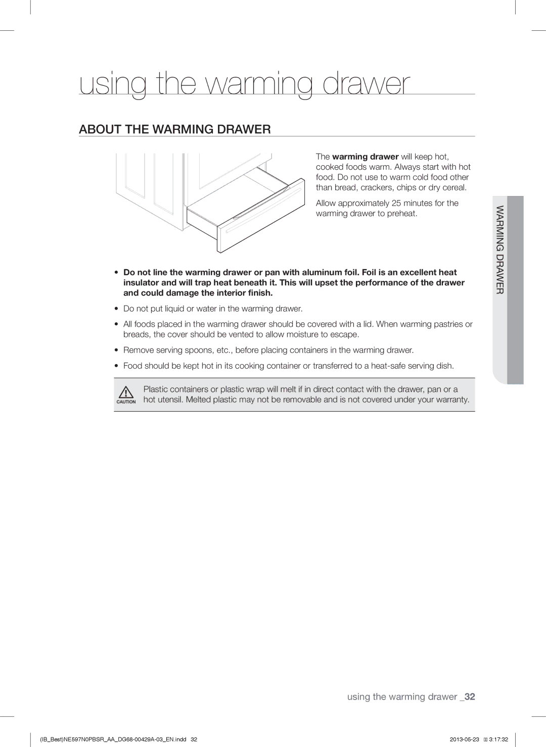 Samsung NE597N0PBSR user manual Using the warming drawer, About the Warming Drawer 