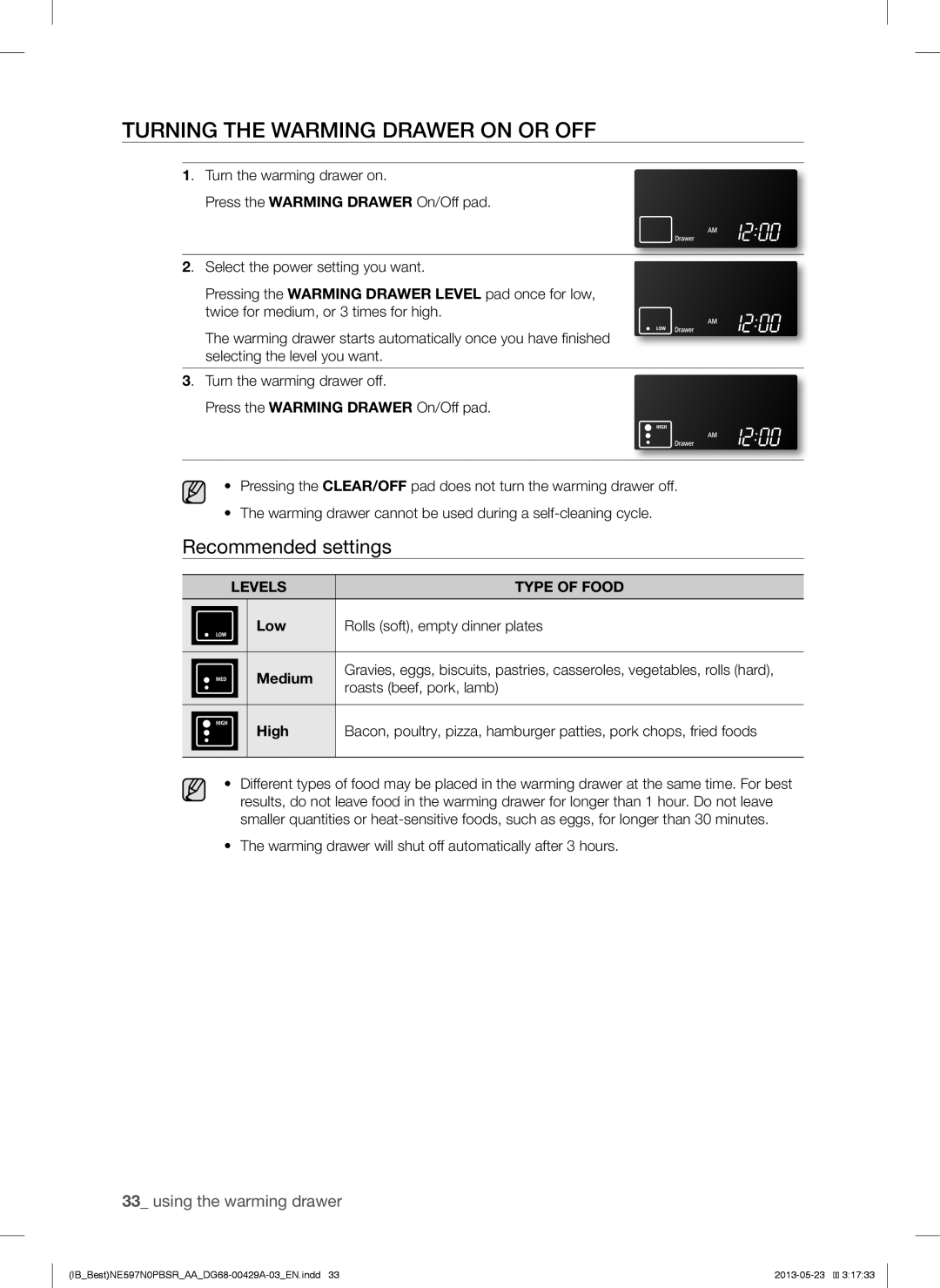 Samsung NE597N0PBSR user manual Turning the Warming Drawer on or OFF, Recommended settings, Levels Type of Food 