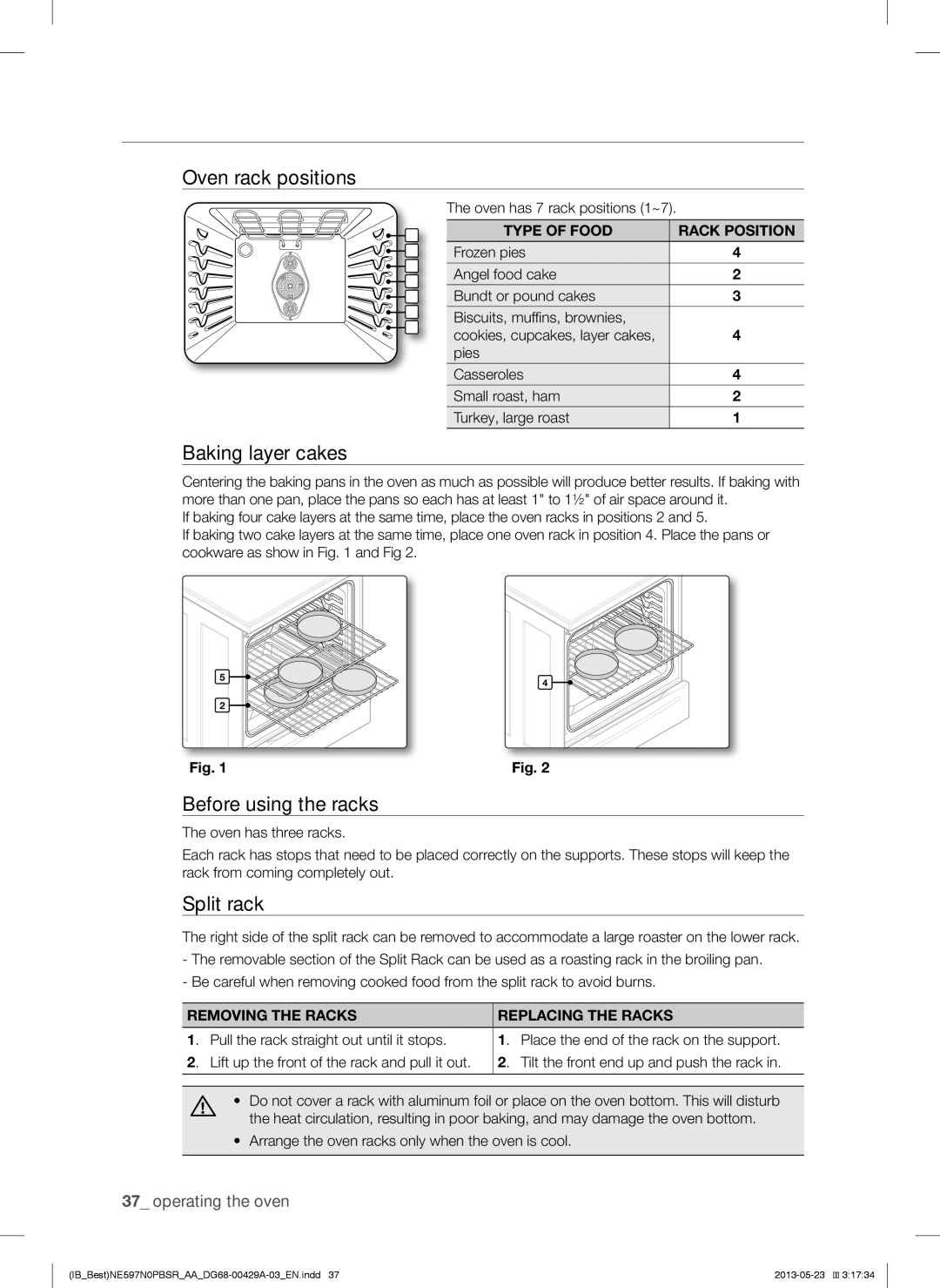 Samsung NE597N0PBSR Using the Oven Racks, Oven rack positions, Baking layer cakes, Before using the racks, Split rack 