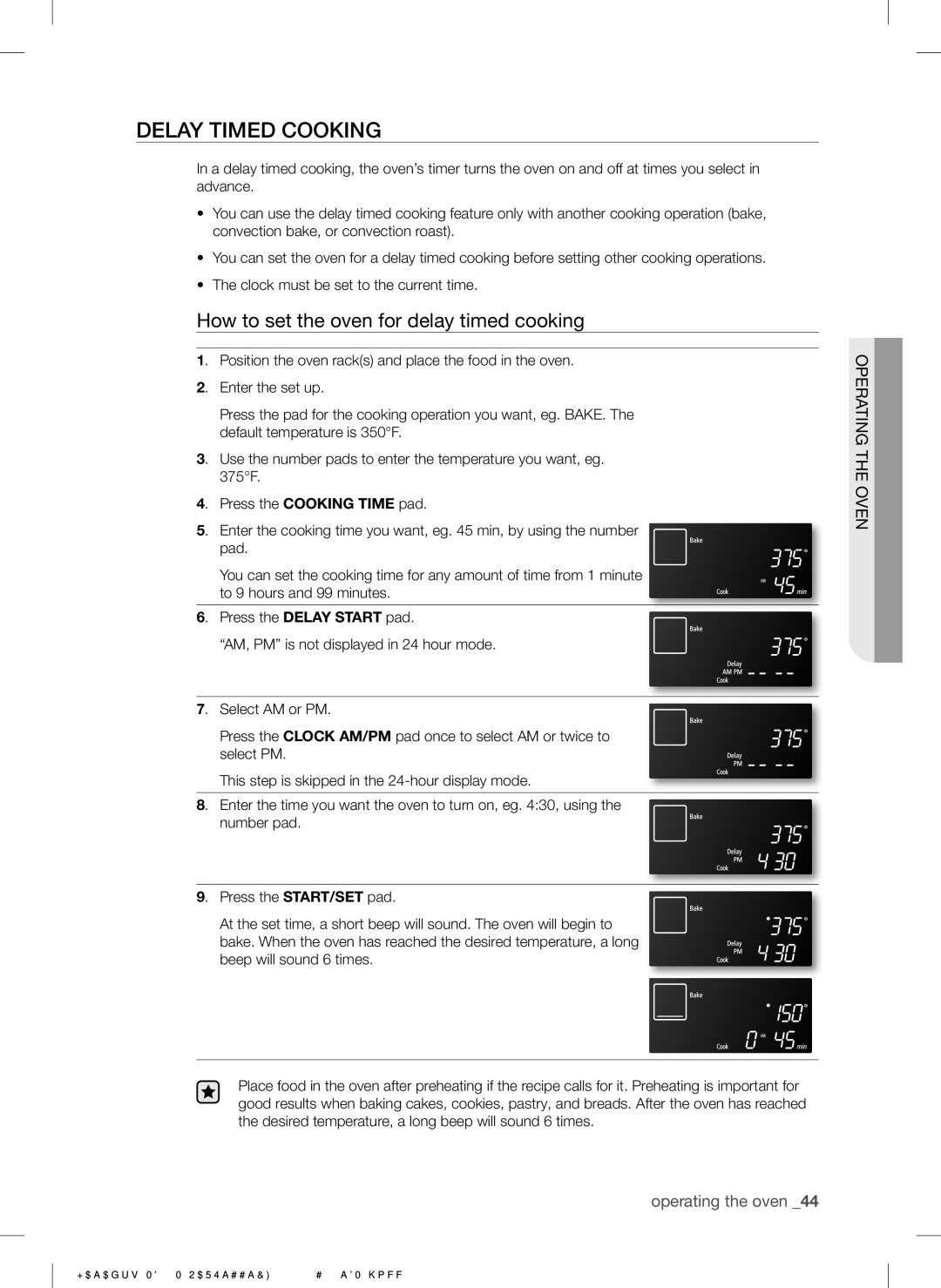 Samsung NE597N0PBSR user manual Delay Timed Cooking, How to set the oven for delay timed cooking 