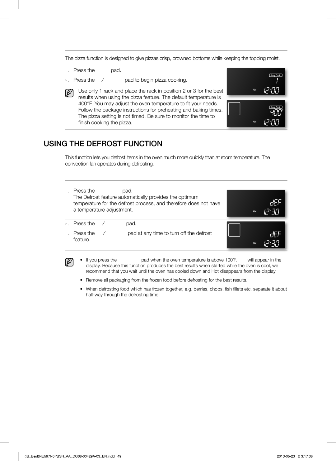 Samsung NE597N0PBSR user manual Using the Defrost Function, Crispy Pizza, How to set the Defrost function 