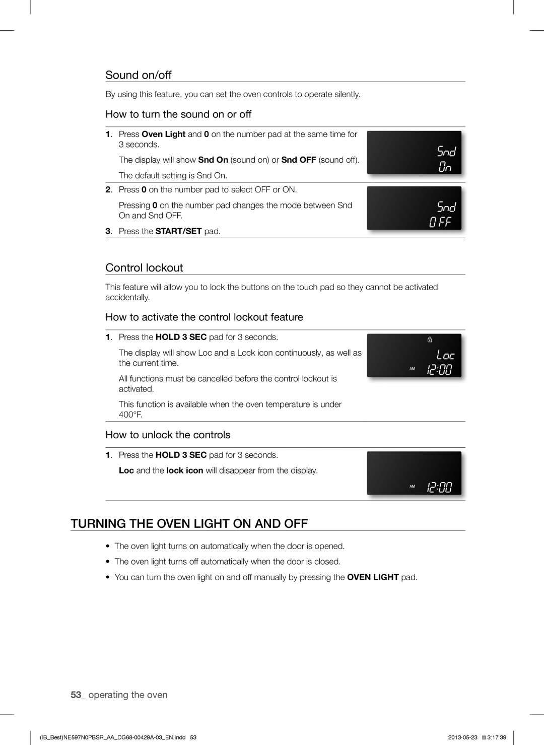 Samsung NE597N0PBSR user manual Turning the Oven Light on and OFF, Sound on/off, Control lockout 