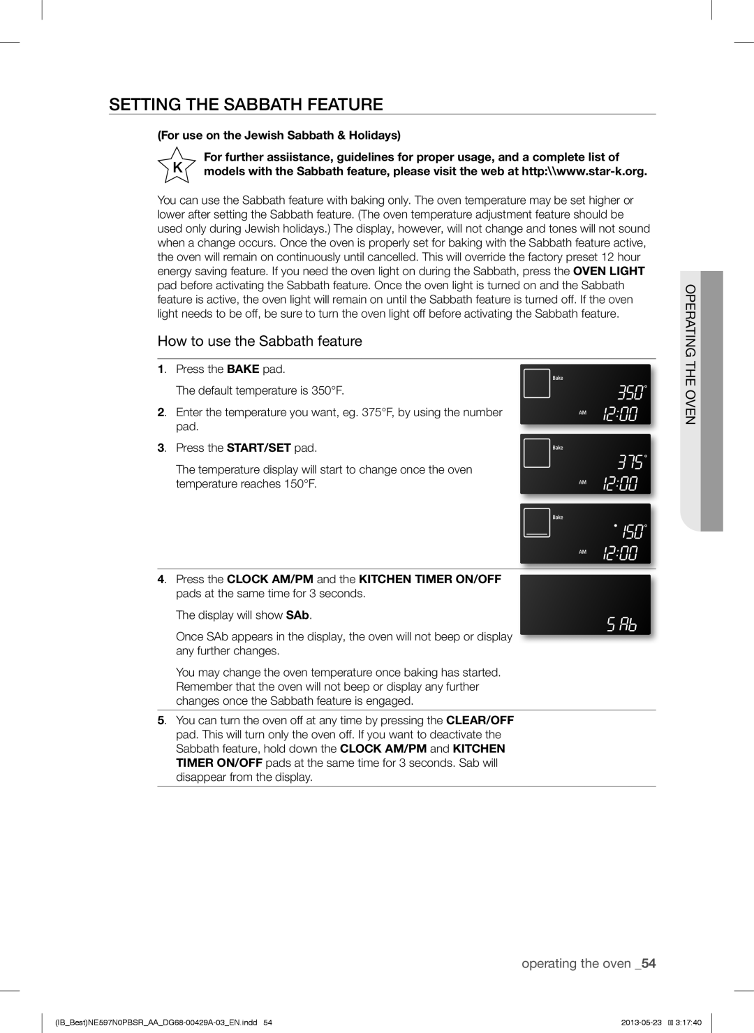 Samsung NE597N0PBSR user manual Setting the Sabbath Feature, How to use the Sabbath feature 