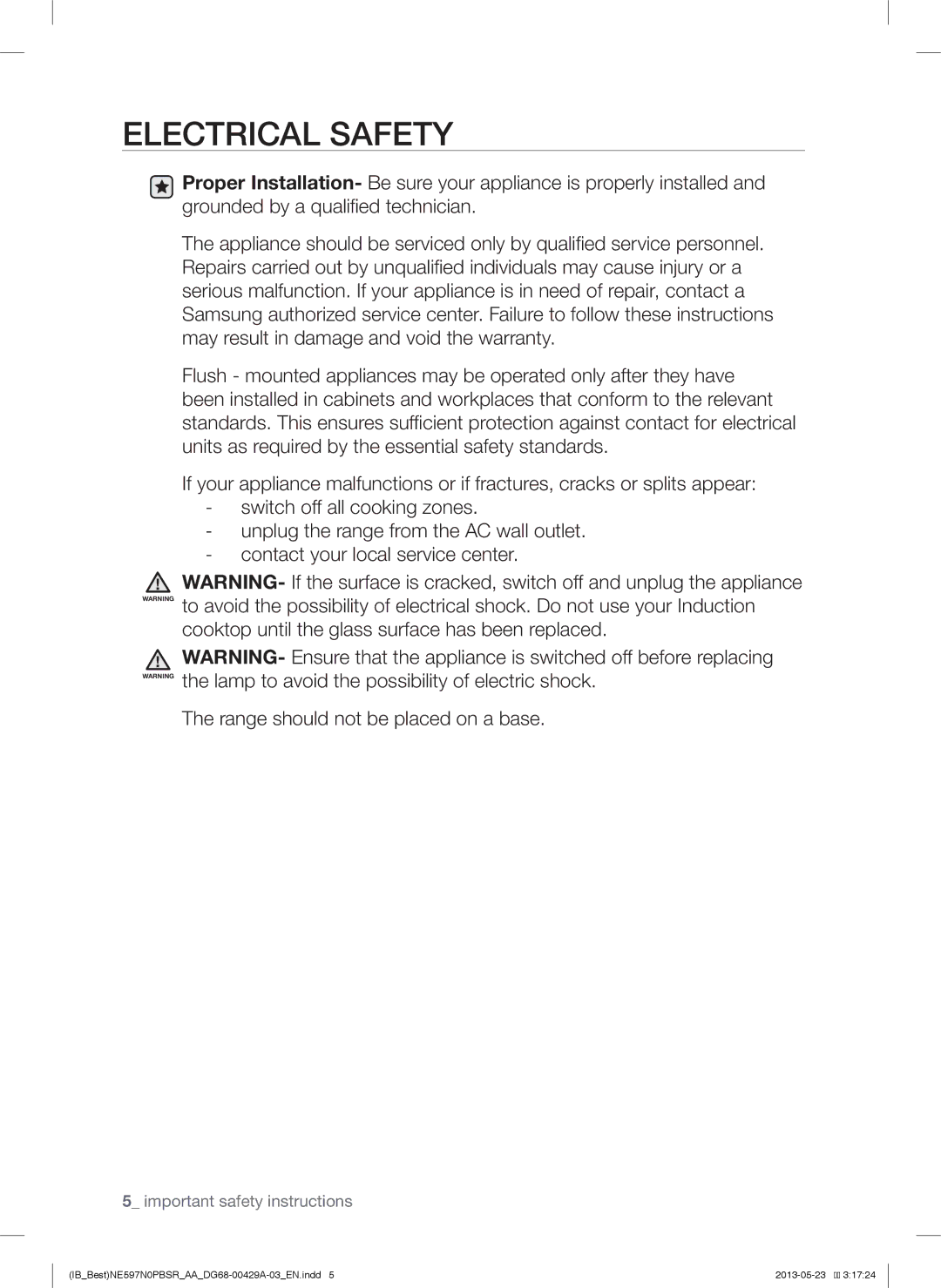 Samsung NE597N0PBSR user manual Electrical Safety 