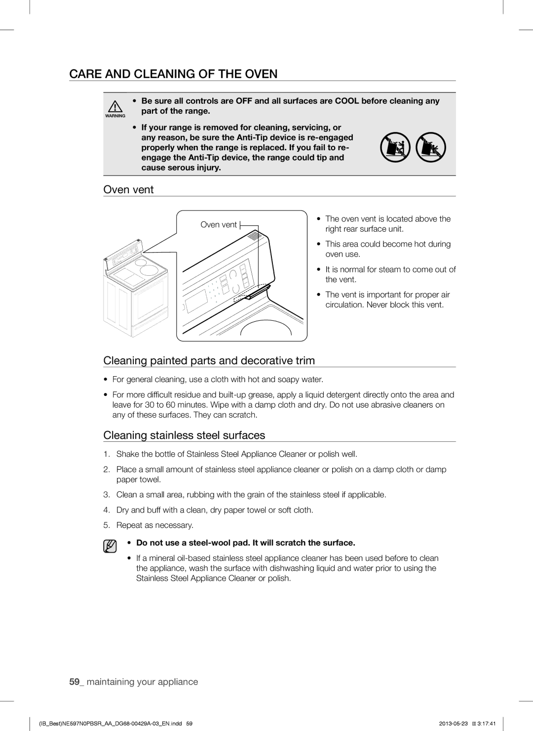 Samsung NE597N0PBSR user manual Care and Cleaning of the Oven, Oven vent, Cleaning painted parts and decorative trim 