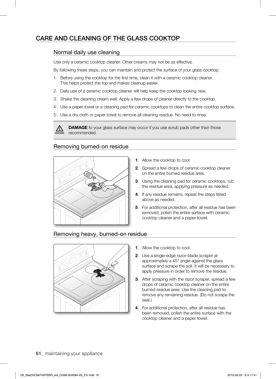 Samsung NE597N0PBSR Care and Cleaning of the Glass Cooktop, Normal daily use cleaning, Removing burned-on residue 