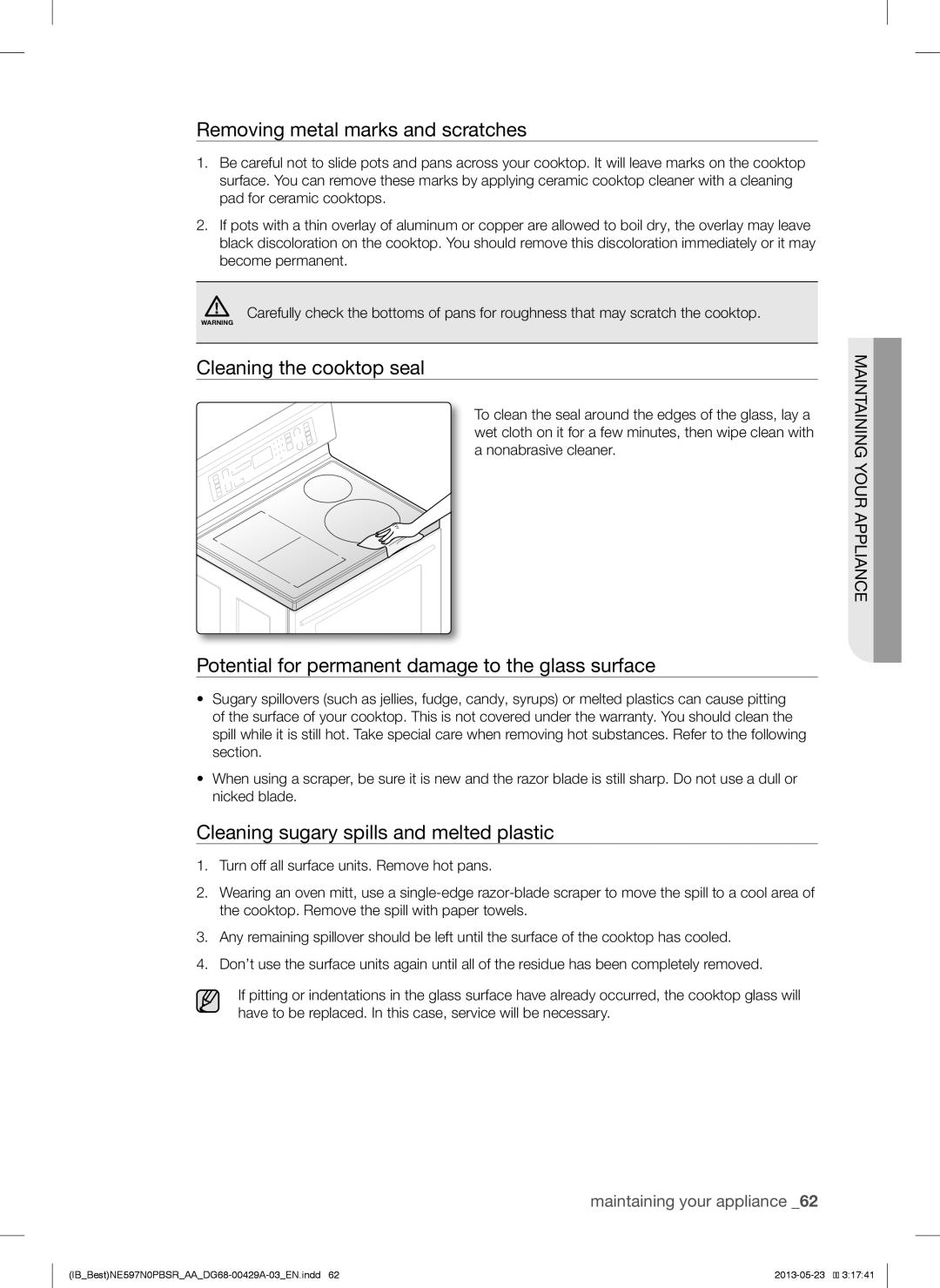 Samsung NE597N0PBSR user manual Removing metal marks and scratches, Cleaning the cooktop seal 