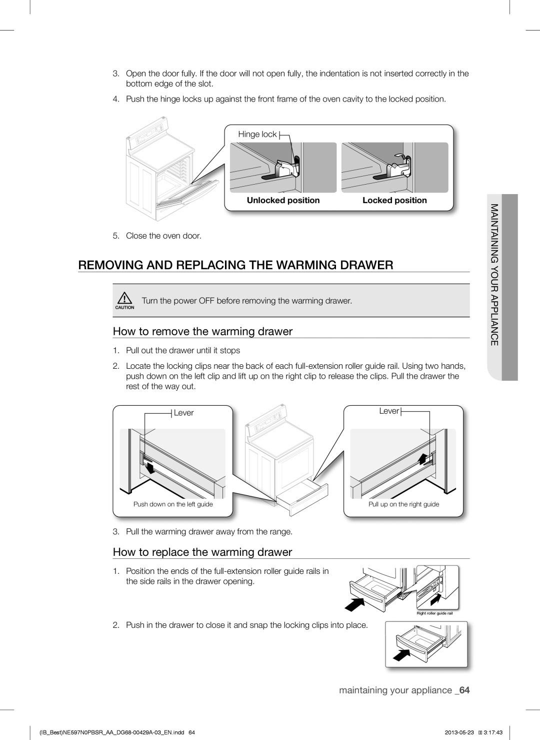 Samsung NE597N0PBSR user manual Removing and Replacing the Warming Drawer, How to remove the warming drawer 