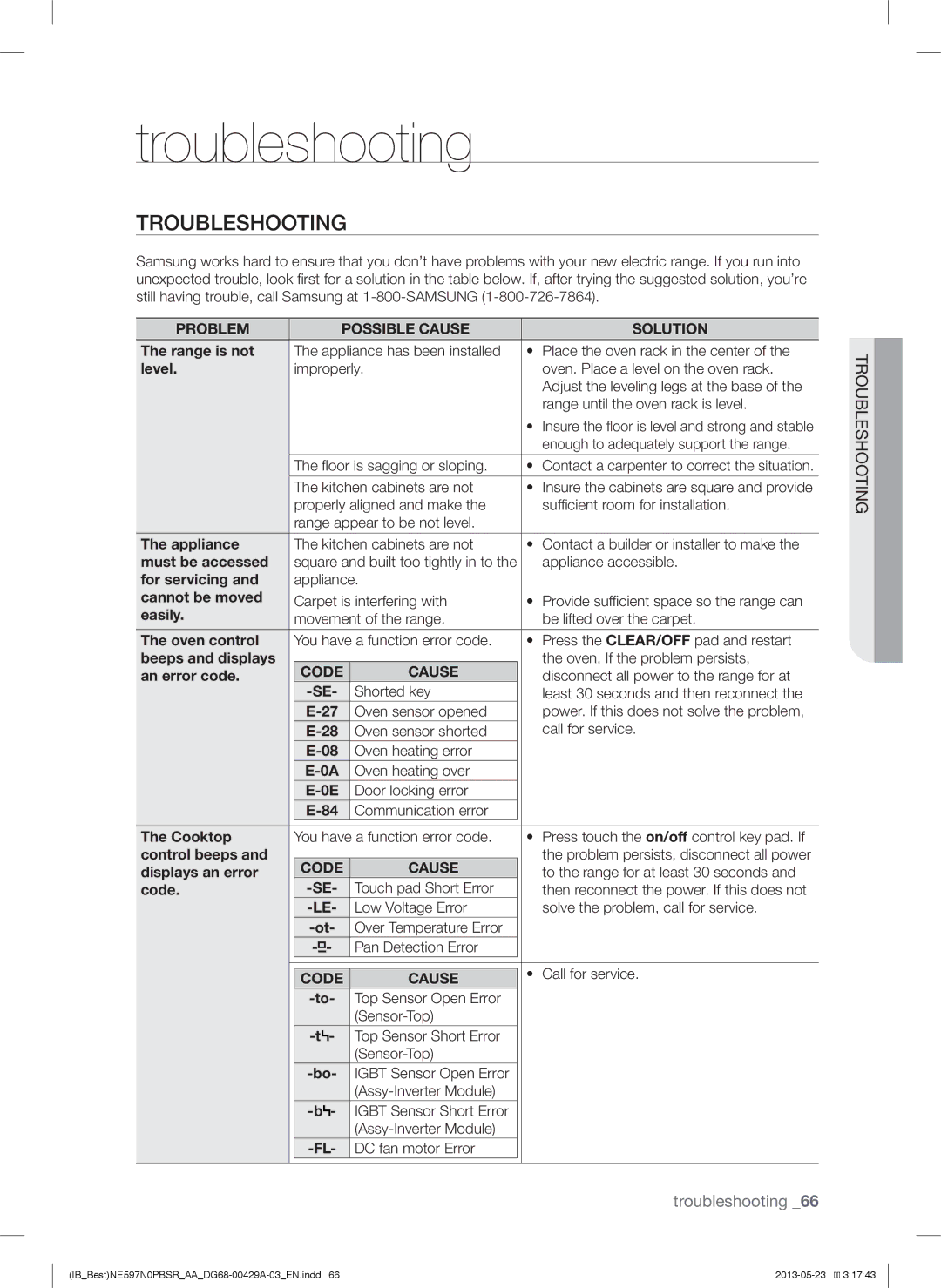 Samsung NE597N0PBSR user manual Troubleshooting, Problem Possible Cause Solution, Code Cause 