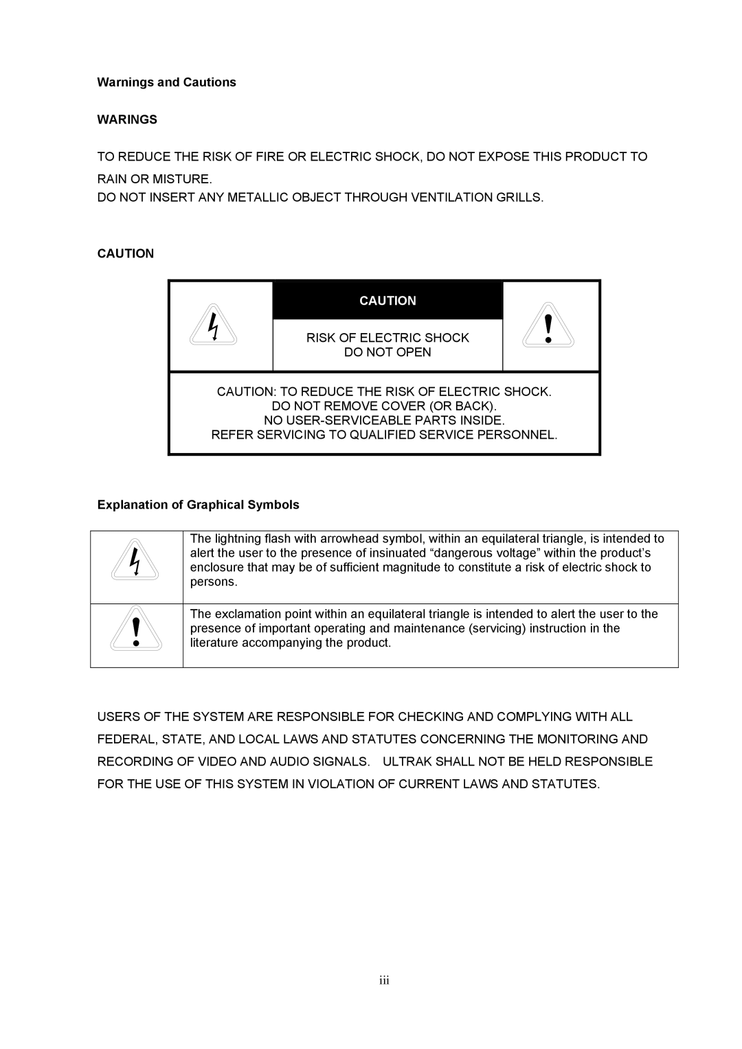 Samsung NETWORK DIGITAL VIDEO RECORDER user manual Warings, Explanation of Graphical Symbols 