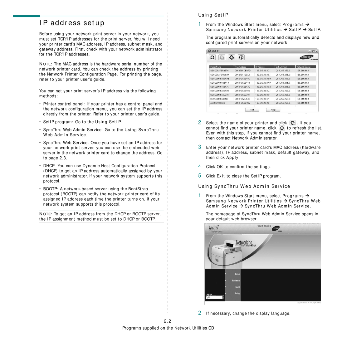 Samsung Network Printer manual IP address setup, Using SetIP, Using SyncThru Web Admin Service 