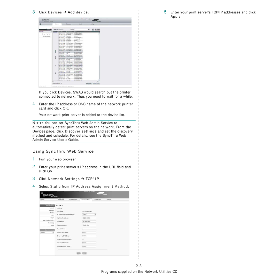 Samsung Network Printer manual Using SyncThru Web Service, Click Devices Æ Add device 