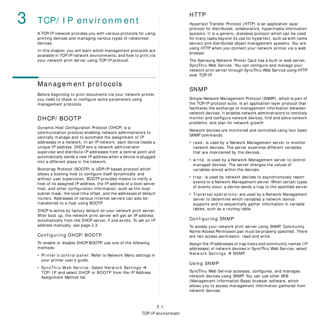 Samsung Network Printer TCP/IP environment, Management protocols, Configuring DHCP/BOOTP, Configuring Snmp, Using Snmp 