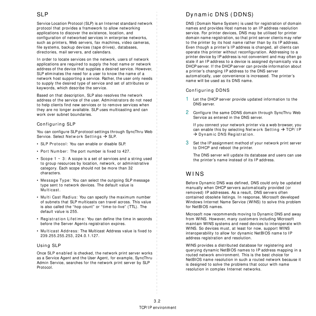 Samsung Network Printer manual Dynamic DNS Ddns, Configuring SLP, Using SLP, Configuring Ddns, Dynamic DNS Registration 