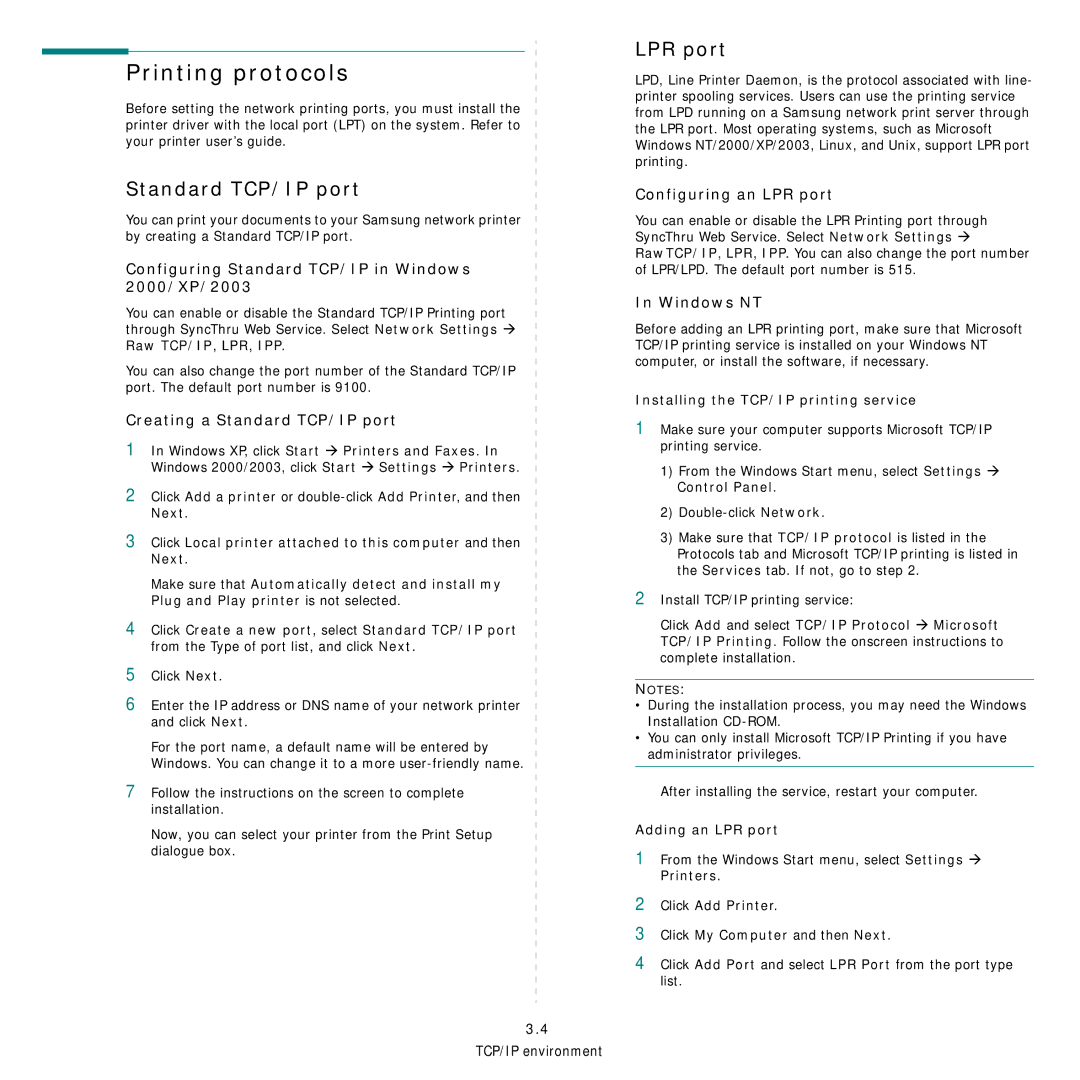 Samsung Network Printer manual Printing protocols, Standard TCP/IP port, LPR port 