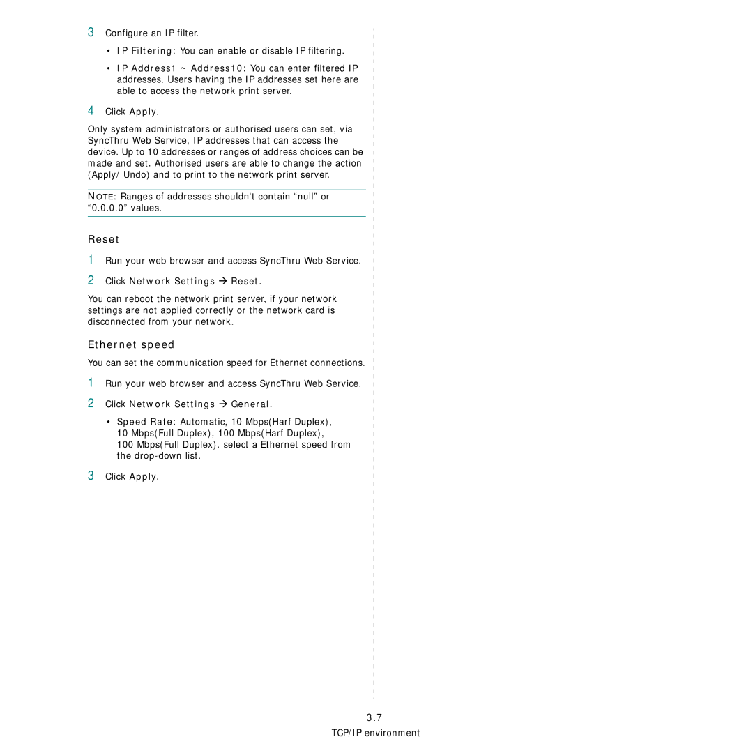 Samsung Network Printer manual Ethernet speed, Click Network Settings Æ Reset, Click Network Settings Æ General 