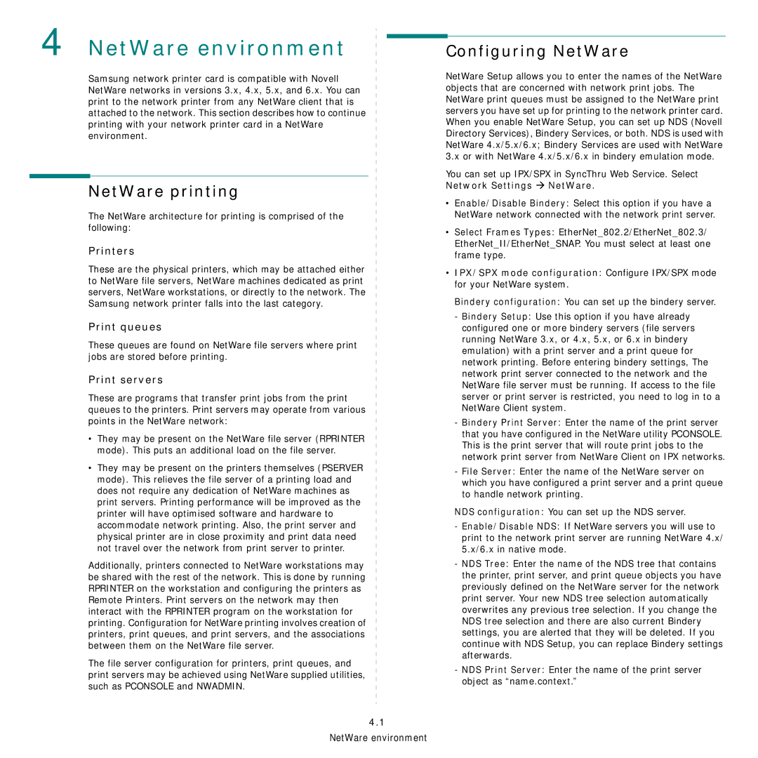 Samsung Network Printer manual NetWare environment, Configuring NetWare, NetWare printing 