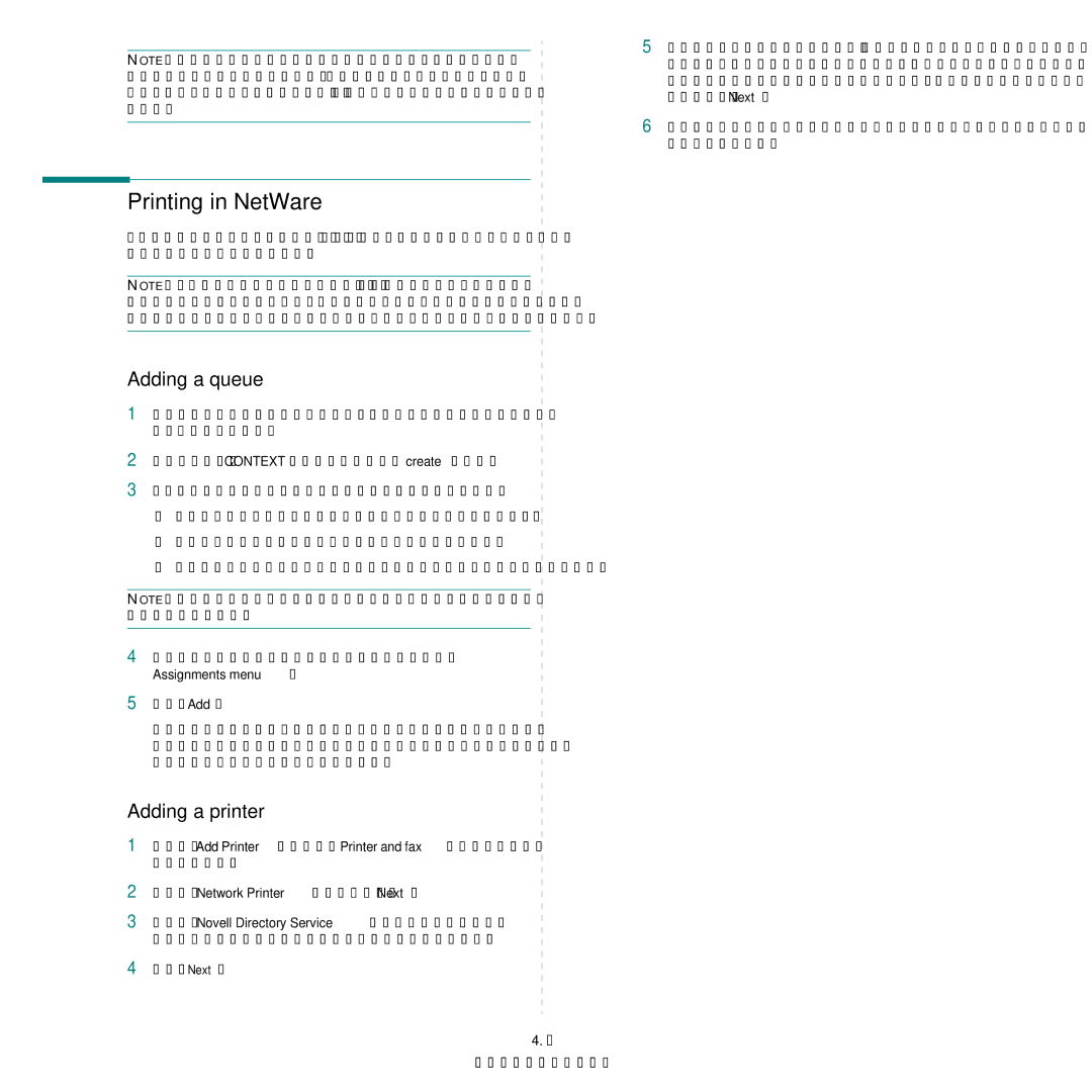 Samsung Network Printer manual Printing in NetWare, Adding a queue, Adding a printer, Assignments menu, Click Next 