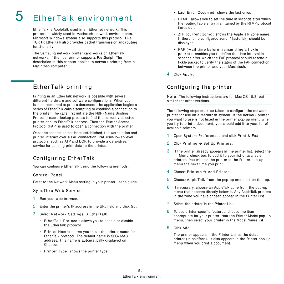 Samsung Network Printer manual EtherTalk environment, EtherTalk printing, Configuring EtherTalk, Configuring the printer 