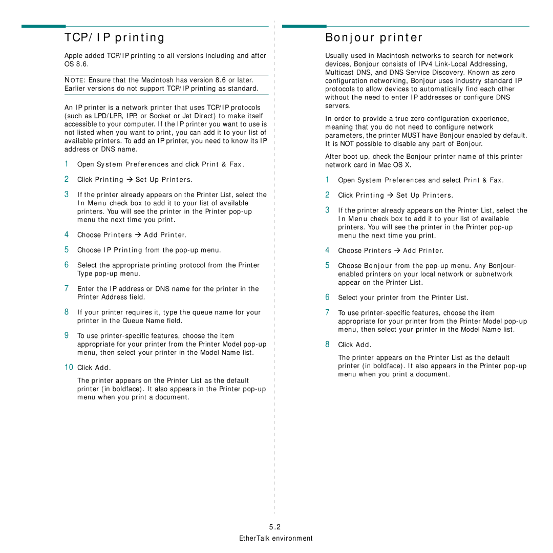 Samsung Network Printer manual TCP/IP printing, Bonjour printer 