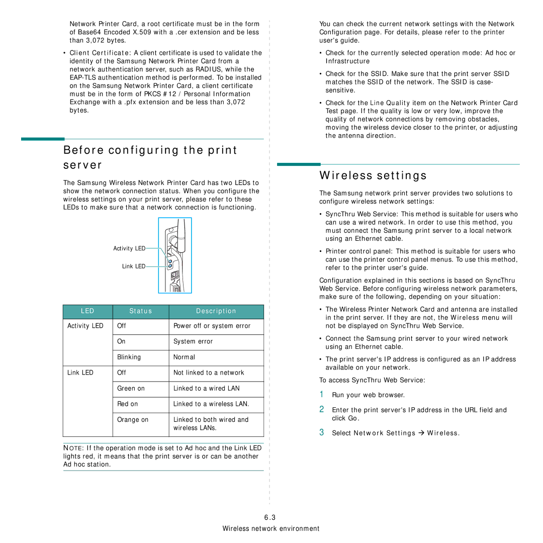 Samsung Network Printer manual Before configuring the print server, Wireless settings, Status Description 